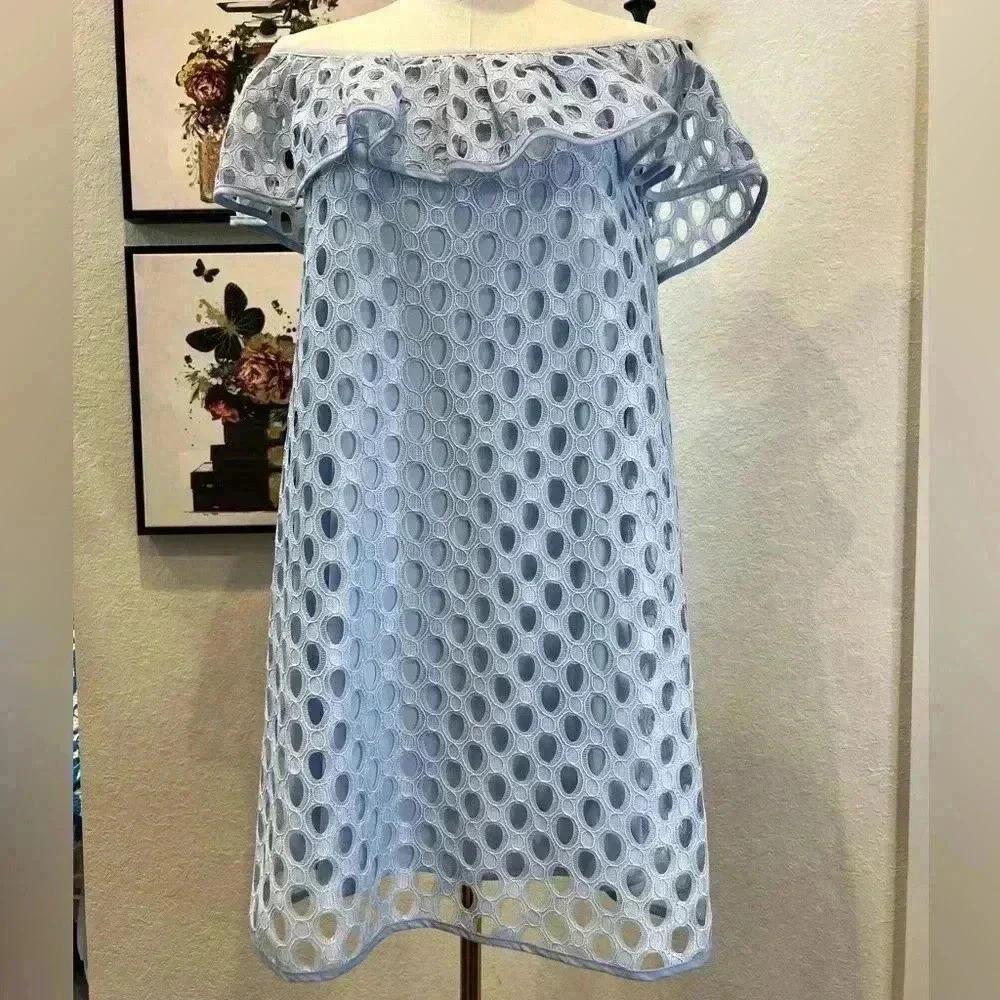 Above Mediocre Taste Baby Blue Eyelet Off The Shoulder A-line Dress- Size Small - Picture 2 of 9